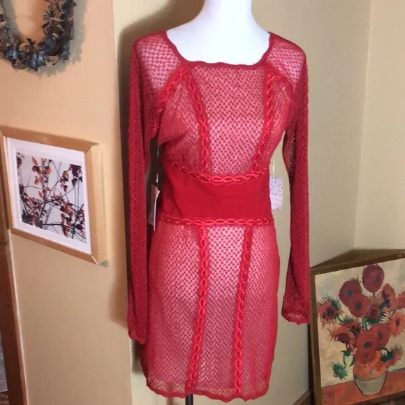 FREE PEOPLE Size Large Lace Cocktail Dress Cherry Red Scalloped Bodycon $250NWT - Picture 9 of 16